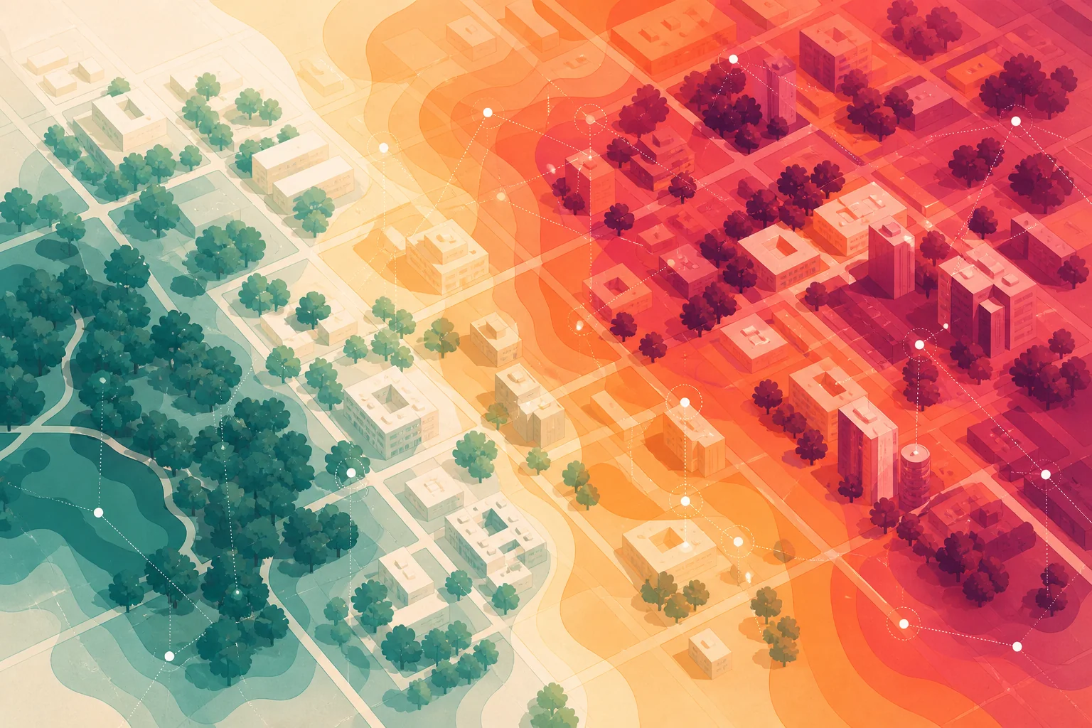 Editorial illustration mapping heat exposure across an urban landscape